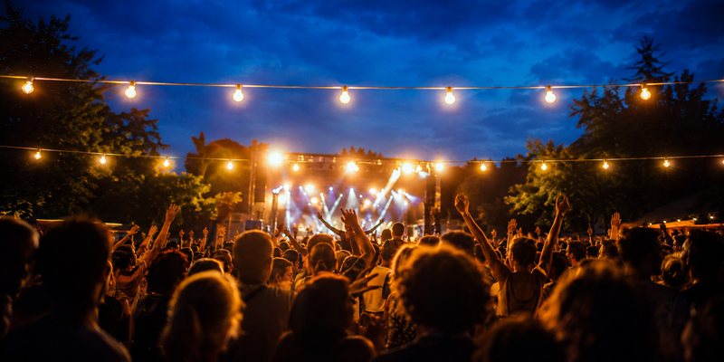 Concert en plein air le soir, guirlandes d'ampoules au-dessus du public