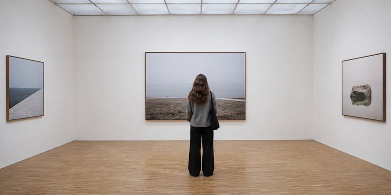 Salle d'exposition, une visiteuse de dos devant une photographie encadrée