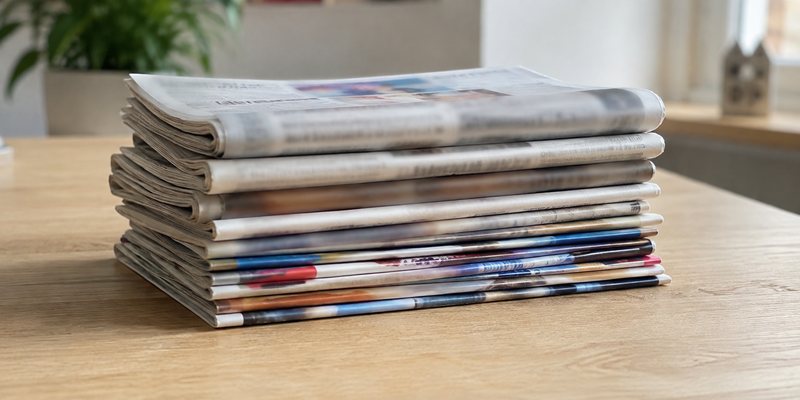 Pile de journaux et de magazines posée sur une table en bois